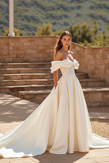Court Train Satin A Line Off the Shoulder Ivory Wedding Dress with Lace Appliques